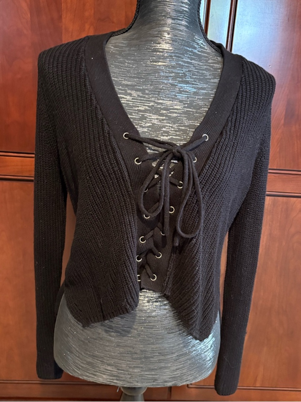 Forever 21 Black Lace-Up V-Neck Knit Sweater